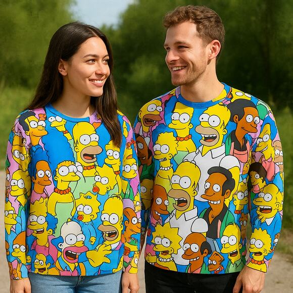 The Simpsons All Over Print Sweatshirt Crewneck Unisex Colorful Cartoon Graphic - Picture 1 of 6